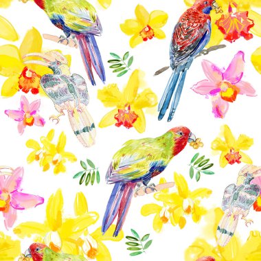 Seamless  watercolor painting pattern with parrots birds and orchids flowers 