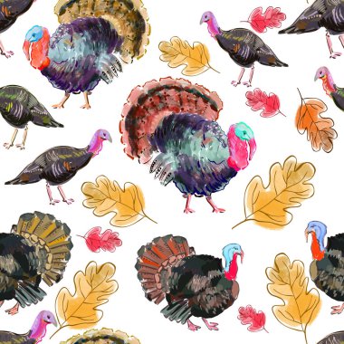 Hand drawn background with birds and leaves. Turkey birds.