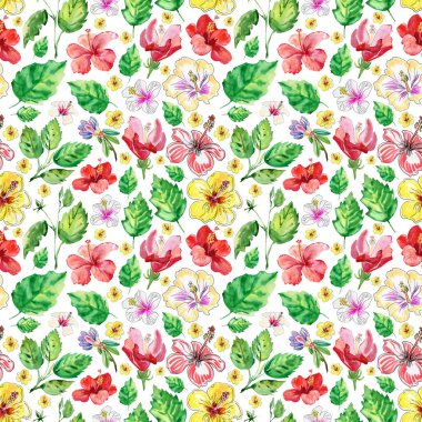 Beautiful flowers and leaves. Hand drawn seamless background.