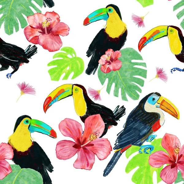 Toucan Birds Leaves Flowers Watercolour Drawing Fashion Aquarelle Isolated Seamless — Zdjęcie stockowe