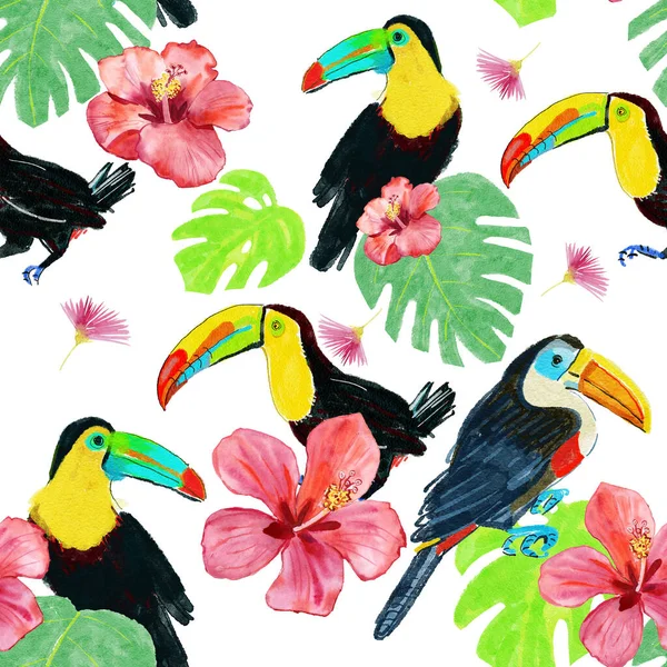Toucan birds, leaves and flowers. Watercolour drawing fashion aquarelle isolated. Seamless background pattern. Fabric wallpaper print texture.