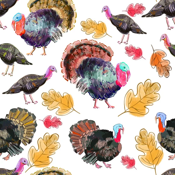 Hand drawn background with birds and leaves. Turkey birds.