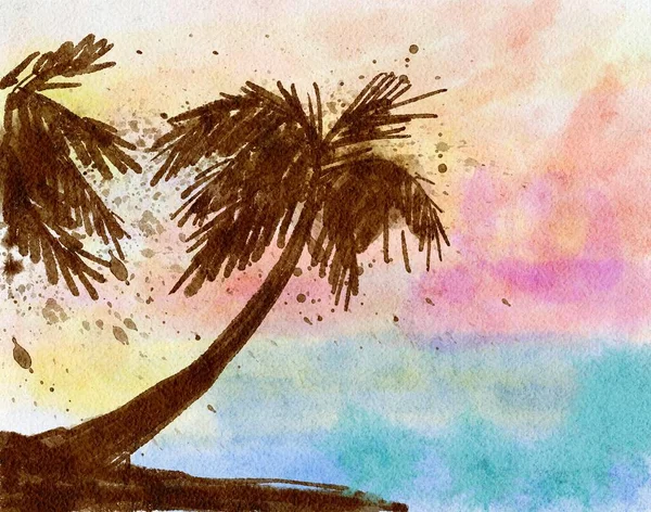 Watercolor Hand Drawn Landscape Palm Tree Ocean Dark Palm Trees — Foto Stock