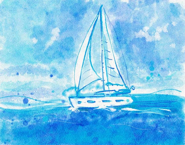 Hand Drawn Watercolor Sailing White Ship Open Sea Seascape White — стоковое фото