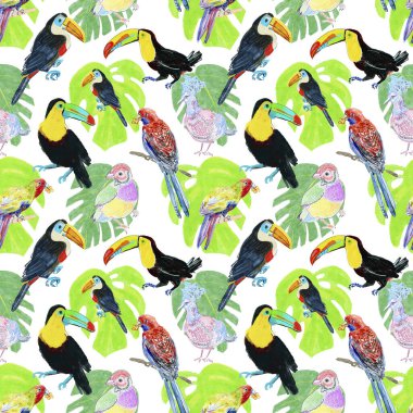 Tukan kuşları, tavus kuşları ve yapraklı ve çiçekli papağanlar. Suluboya moda akvaryumu izole edilmiş. Kusursuz bir arka plan modeli. Kumaş duvar kağıdı baskı dokusu.