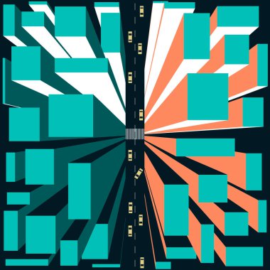 Vektör grafikleri - keskin köşeleri ve çok renkli renk çemberleri olan soyut zıt bileşim