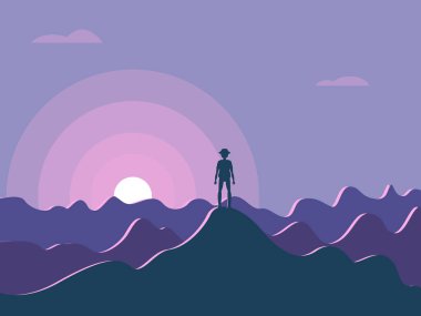 Vektör grafikler - bir dağın tepesinde yükselen leylak rengi güneşin arka planına karşı duran bir turistin silüeti. Kavram - fetih, özgürlük ve kariyer gelişimi ve doğa