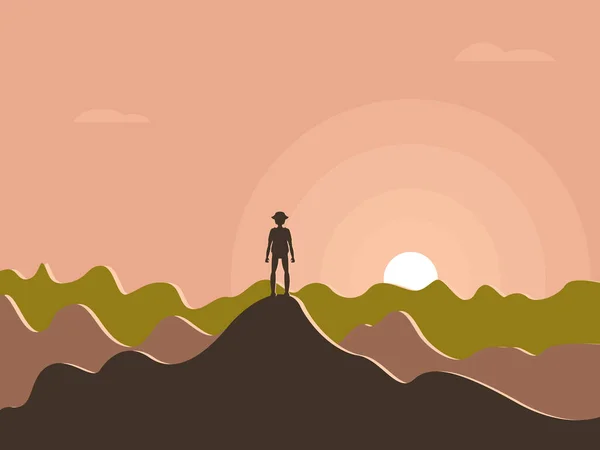 Graphiques Vectoriels Silhouette Homme Debout Sommet Une Montagne Sur Fond — Image vectorielle