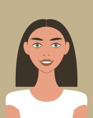 Makyajlı, saç stili ve rengarenk güzel esmer bir kadının vektör portresi. Avatar kavramı