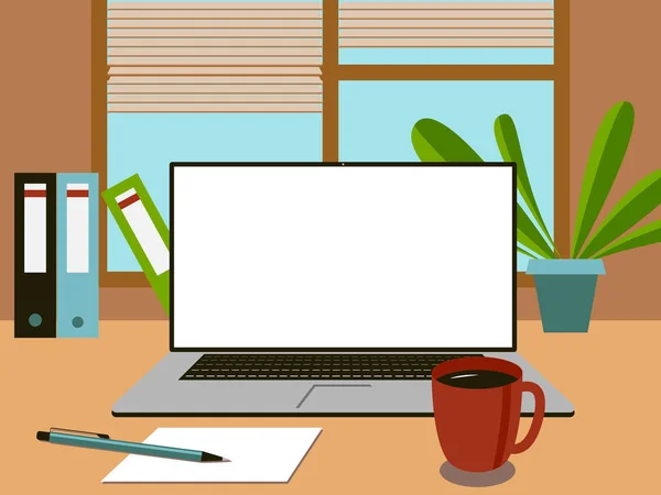 ベクトルグラフィックス ノートパソコン 部屋の植物やブラインド付きの壁や窓の背景にテーブルの上のフォルダを持つ職場 テキスト用のスペース付きモニター コンセプト ホームオフィス — ストックベクタ