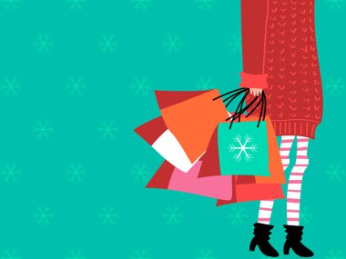 Vektör grafikleri - örgü süveter ve gizli yüzlü çizmeler giyen genç bir kadın ellerinde ve ellerinde kopyalamak için bir sürü renkli çanta ve çanta taşıyor. Konsept - Noel satışları ve hediye alımları
