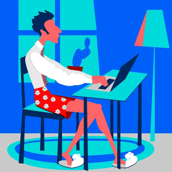 矢量图形 一个身穿衬衫 打着领带 穿着鲜红色内裤的年轻人坐在桌旁 在有窗户的客厅里的笔记本电脑上打字 在家办公的远程工作的概念 — 图库矢量图片
