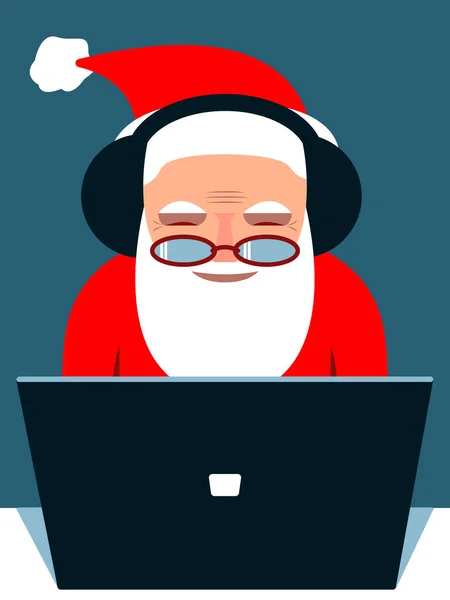 Vektör grafikleri - Kırmızı başlıklı ve beyaz sakallı Noel Baba bilgisayar monitörünün önünde oturur ve uzaktan gülümseyerek çalışır. Salgın için tebrikler. Mutlu Noeller.