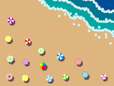 Vektör grafikleri - renkli plaj şemsiyeleri olan büyük kumlu bir sahil, beyaz köpüklü deniz dalgaları ve metin için kopyalama alanı. Konsept bir yaz tatili..