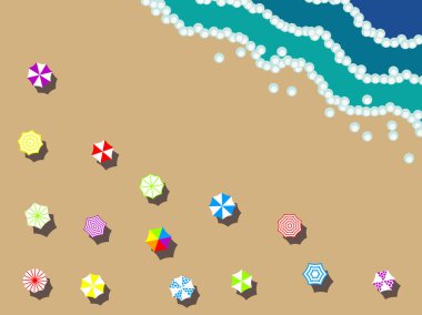 Vektör grafikleri - renkli plaj şemsiyeleri olan büyük kumlu bir sahil, beyaz köpüklü deniz dalgaları ve metin için kopyalama alanı. Konsept bir yaz tatili..