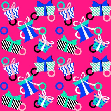 Vektör grafikleri - parlak pembe arka planda fiyonklu çeşitli renkli hediye kutularıyla kusursuz güzel bir desen. Kavram - tatil ambalaj kağıdı