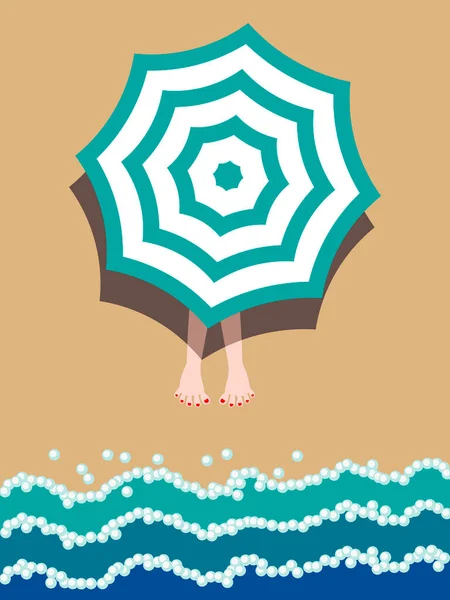 Векторная Графика Полосатый Пляжный Зонтик Ноги Выглядывающие Песчаном Пляже Синие — стоковый вектор