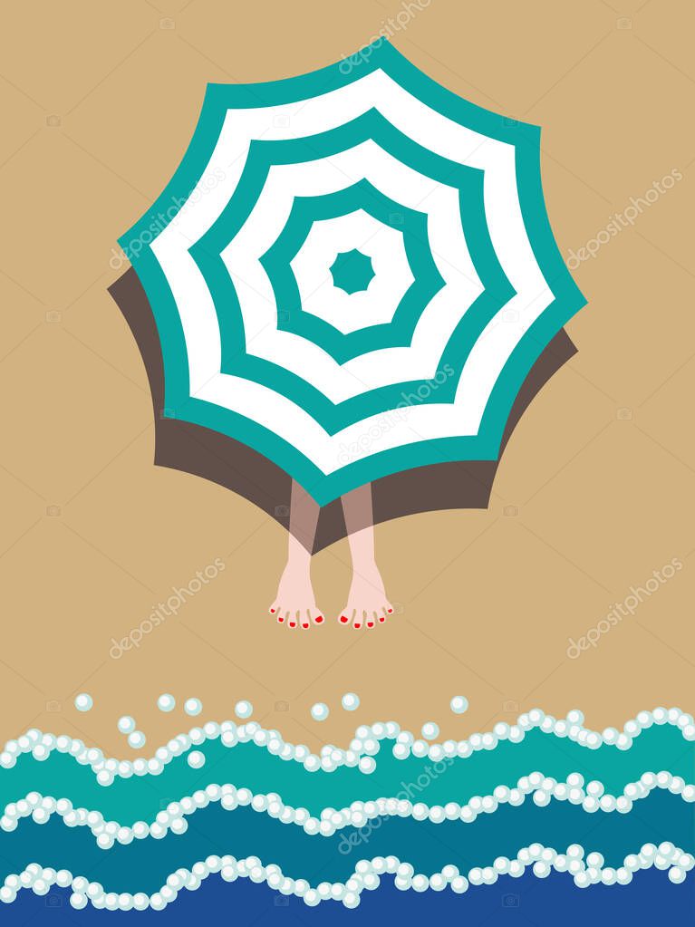 Vector graphics - striped beach umbrella and legs peeking out from under it on a sandy beach and blue sea waves with foam. Concept - summer vacation and relaxation