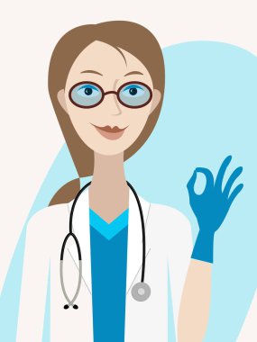 Vektör grafikleri - gözlüklü genç bir kadın doktor, beyaz üniformalı ve steteskop gülümseyen ve eliyle yakın çekim işareti gösteren. Konsept - Sağlık ve Tıp
