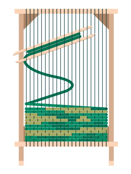 Vector Graphics Rectangular Wooden Loom Stretched Threads Rows Green Yarn — Stock Vector