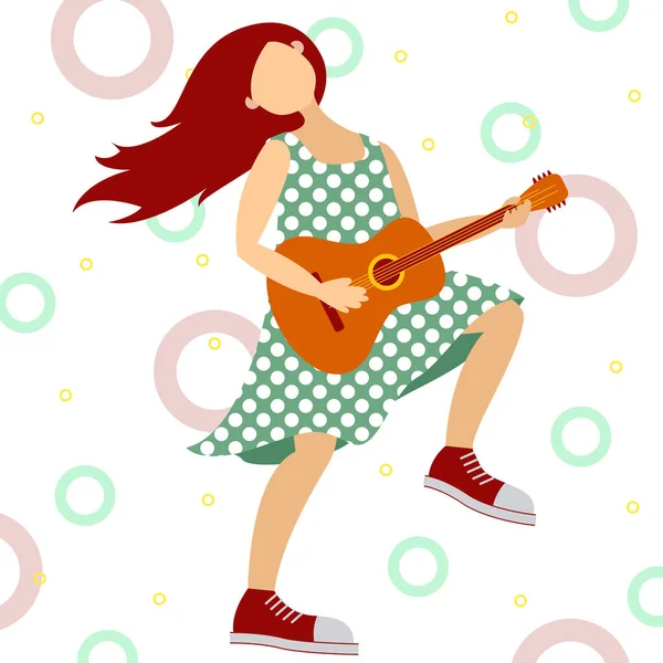 矢量图形 可爱的少女长头发与圆点连衣裙和运动鞋快乐地弹奏吉他孤立 概念爱好和音乐 — 图库矢量图片