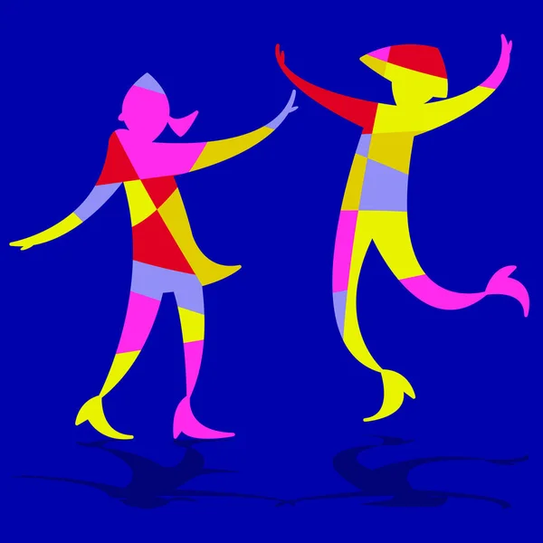 Graphiques Vectoriels Deux Jeunes Silhouettes Féminines Abstraites Lumineuses Dansent Activement — Image vectorielle