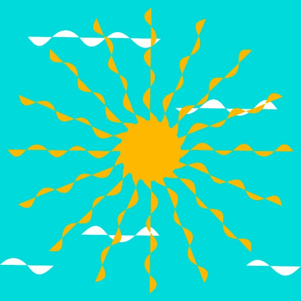 Векторная Графика Желтое Солнце Лучами Фоне Ярко Синего Неба Белыми — стоковый вектор