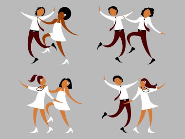 Vector grafikleri - Gelinlik içinde dans eden şirin çiftler - lezbiyenler, homoseksüeller, kadın ve ırklar arası ilişkiler. Kavram - ifade özgürlüğü