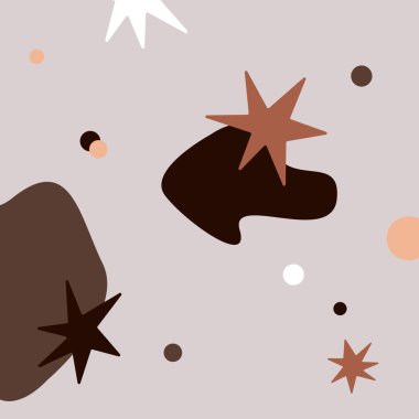 Vektör grafikleri, gri arka planda rastgele yıldızlar, noktalar ve daireler içeren soyut kaotik bir örüntüdür..