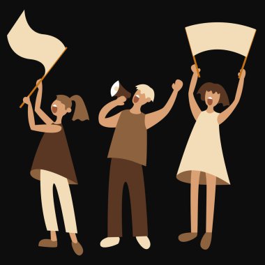Vektör illüstrasyonu - iki genç kadın ve bir erkek posterleri ve megafonu olan ve modaya uygun renklerin koyu arkaplanını protesto eden bir adam. Gösteriyi kabul et