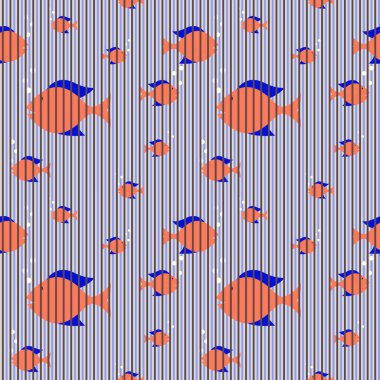 Vektör grafikleri - dikey çizgileri ve mavi renkli yüzgeçleri olan yüzen turuncu balıkları olan güzel, pürüzsüz bir süs