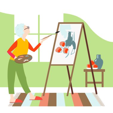 Vector grafikleri - yaşlı bir kadın, penceresi ve sarayı olan rahat bir oturma odasındaki bir sehpada tuvalde fırçayla durgun bir hayat çizer. Kavram - aktif yaşlılık ve hobiler