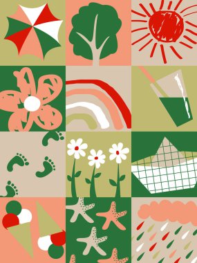 Vektör illüstrasyonu bir dizi kare resimli kolajdır - çiçekler, gökkuşağı, dondurma ve bir plaj şemsiyesi moda renkleri. İyi tatiller ve istirahat