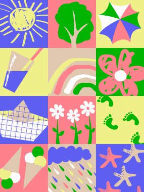 Vektör illüstrasyonu, güneş, çiçekler, bir tekne, bir plaj şemsiyesi ve dondurma gibi yaz çizimleri olan kare kompozisyonlardan oluşur. Tatil ve eğlence kavramı