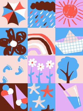 Vektör grafikleri - kare kompozisyonlu kolaj ve yaz özellikleri - çiçekler, gökkuşakları, dondurma, moda mavi renklerin güneşi. Konsept - plaj tatilleri ve tatiller