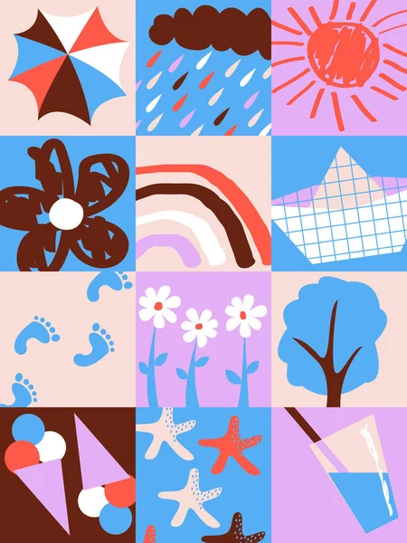 Vektör grafikleri - kare kompozisyonlu kolaj ve yaz özellikleri - çiçekler, gökkuşakları, dondurma, moda mavi renklerin güneşi. Konsept - plaj tatilleri ve tatiller