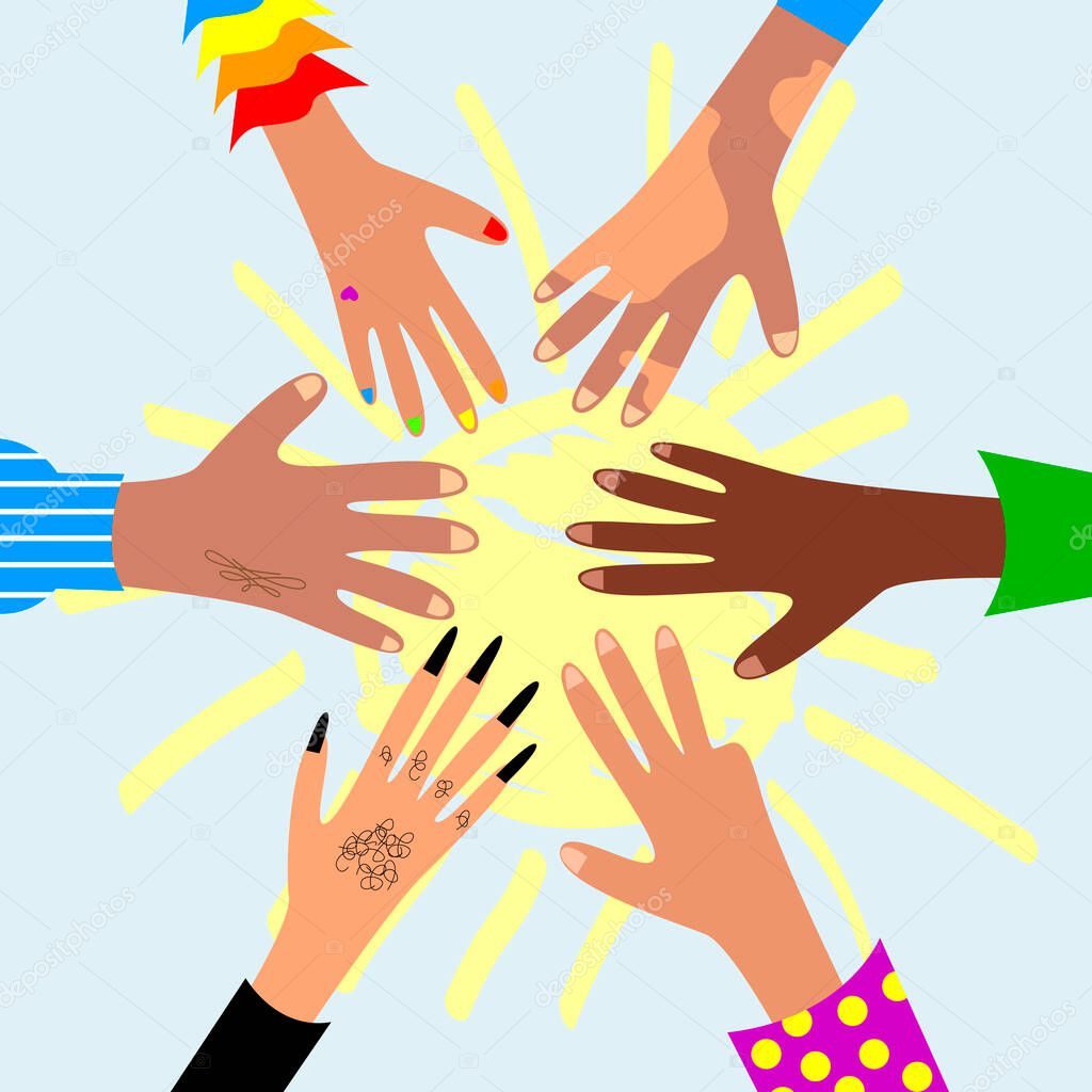 Vector graphics - six different hands of different races and cultures stretched out to the sun and each other. Concept rights and freedom of expression