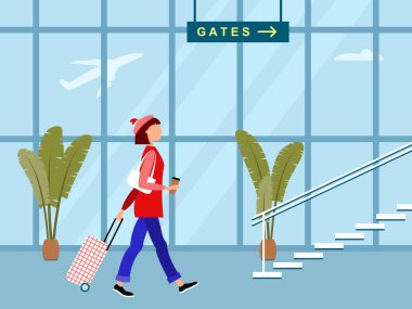 Havalimanı terminalinde elinde büyük bir çanta ve bir bardak kahveyle yürüyen günlük kıyafetlerle vektör illüstrasyonu. Konsept seyahat ve turizm