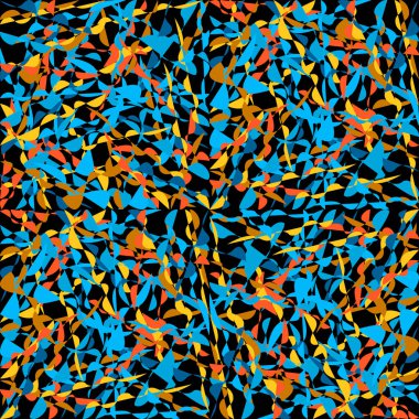 Vektör illüstrasyonu, siyah arka planda mozaik kaotik şekilleri olan kusursuz bir soyut desendir. Tekstil, duvar kağıdı veya ambalaj kağıdı kavramını