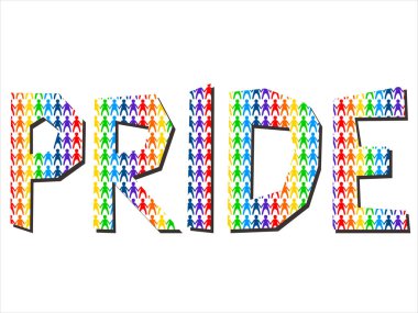 Vektör illüstrasyonu: Gurur kelimesi gökkuşağı renginde, küçük renkli adamlarla yazılmış eşsiz bir yazı tipi. LGBT toplumunun kavramsal hakları