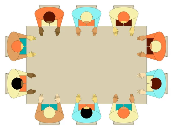 Vector Illustration Top View Ten Men Sitting Empty Rectangular Table — Stock Vector