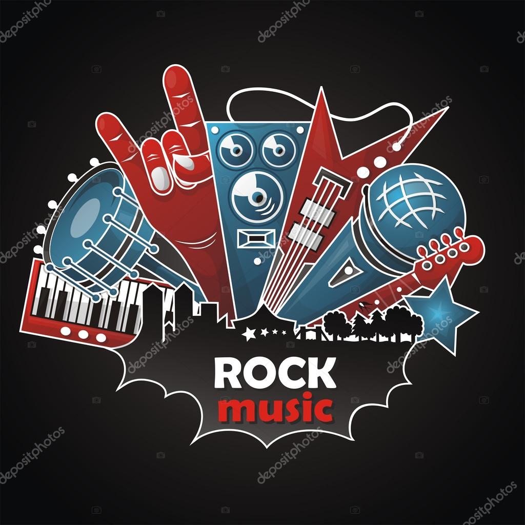 Rock Music Logo with guitar, hand, microphone, keyboard, drum, speaker