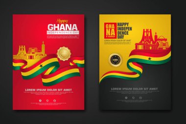Afiş tasarımı Cumhuriyet Gana Mutlu Bağımsızlık Günü arka plan şablonunu zarif kurdele şekilli bayrak, altın halka kurdele ve siluet Estonya şehriyle kurun. vektör çizimleri