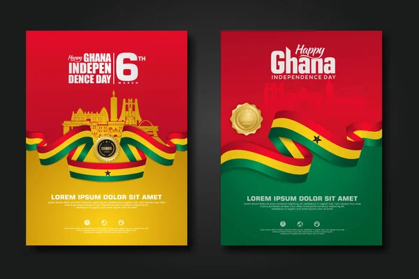Set Poster Design Republic Ghana Happy Independence Day Pozadí Šablona — Stockový vektor