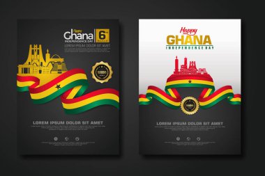 Afiş tasarımı Cumhuriyet Gana Mutlu Bağımsızlık Günü arka plan şablonunu zarif kurdele şekilli bayrak, altın halka kurdele ve siluet Estonya şehriyle kurun. vektör çizimleri