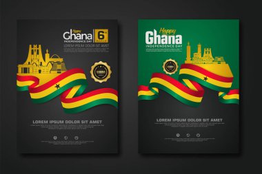 Afiş tasarımı Cumhuriyet Gana Mutlu Bağımsızlık Günü arka plan şablonunu zarif kurdele şekilli bayrak, altın halka kurdele ve siluet Estonya şehriyle kurun. vektör çizimleri