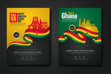 Afiş tasarımı Cumhuriyet Gana Mutlu Bağımsızlık Günü arka plan şablonunu zarif kurdele şekilli bayrak, altın halka kurdele ve siluet Estonya şehriyle kurun. vektör çizimleri