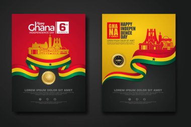 Afiş tasarımı Cumhuriyet Gana Mutlu Bağımsızlık Günü arka plan şablonunu zarif kurdele şekilli bayrak, altın halka kurdele ve siluet Estonya şehriyle kurun. vektör çizimleri