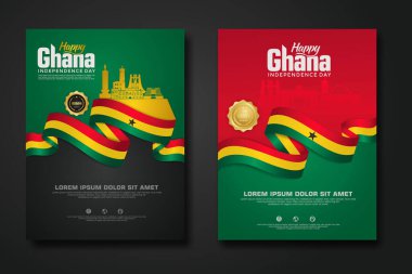 Cumhuriyet Gana 'nın poster tasarımını zarif kurdele şekilli bayrak, altın halka kurdele ve Gana şehriyle mutlu bir Bağımsızlık Günü arka plan şablonu yapın. vektör çizimleri