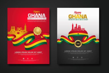 Cumhuriyet Gana 'nın poster tasarımını zarif kurdele şekilli bayrak, altın halka kurdele ve Gana şehriyle mutlu bir Bağımsızlık Günü arka plan şablonu yapın. vektör çizimleri